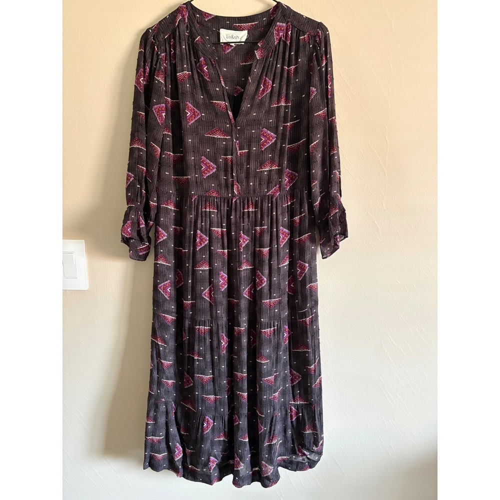 ba&sh Calliope Midi Dress S Geometric Tiered Boho French Chic Contemporary Mod - Picture 3 of 10